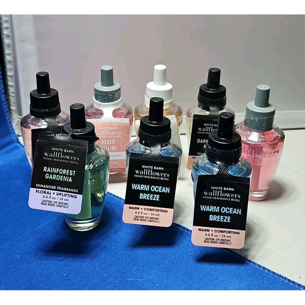 8 White Barn Bath & Body Works Wallflower Refill Lot Ocean Peach Gardenia Amber